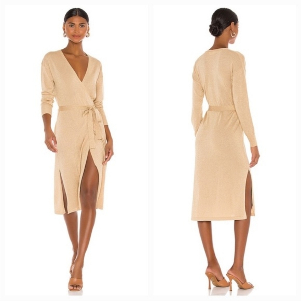 NWT Lovers + Friends Azita Gold Sparkly Long Sleeve Wrap Dress Medium
